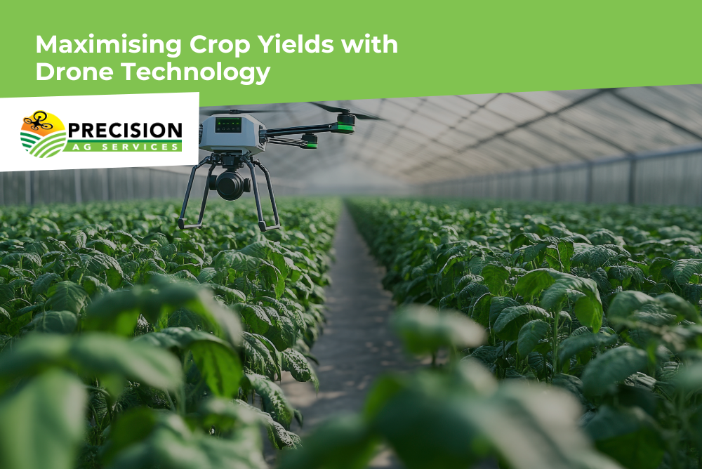 Drone flying over farmland capturing data to optimise crop yields and precision agriculture.